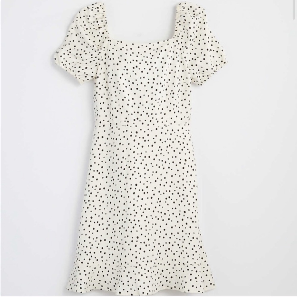 NWT LOFT White black polka dots dress puff sleeves